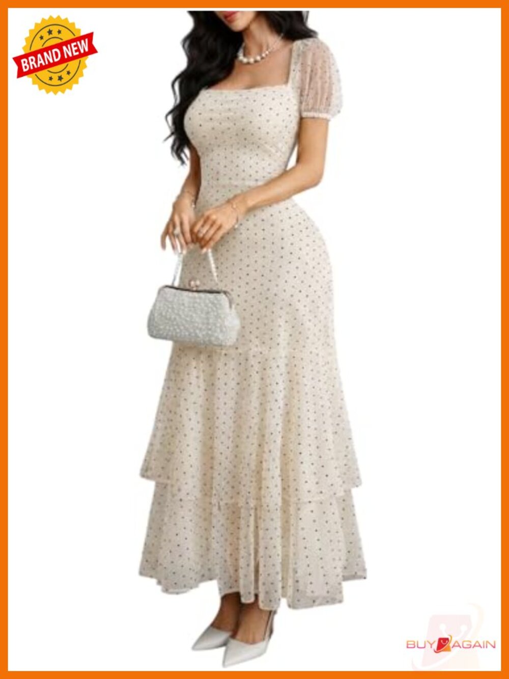Polka Dot Maxi Dress Square Neck Puff Sleeve High Slit Ruffle Hem